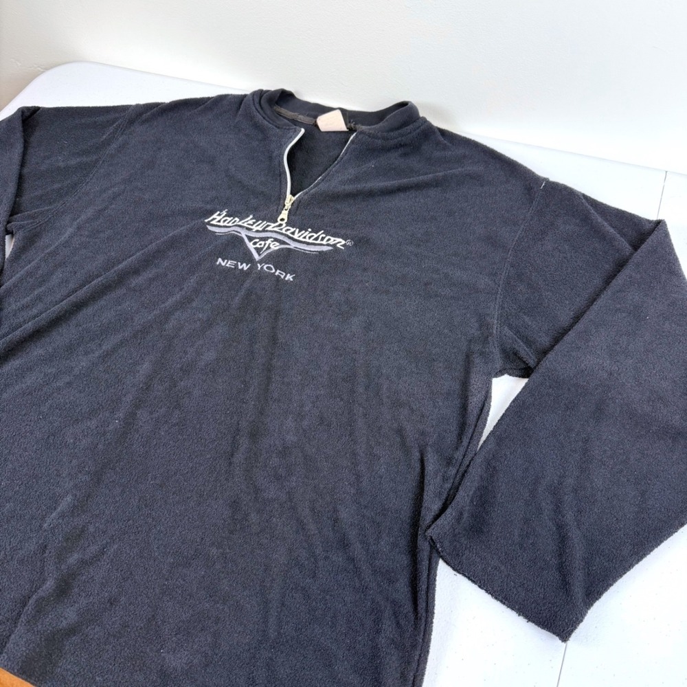 Vintage Harley Davidson Cafe New York Black Fleece Quarter Zip Pullover XL USA